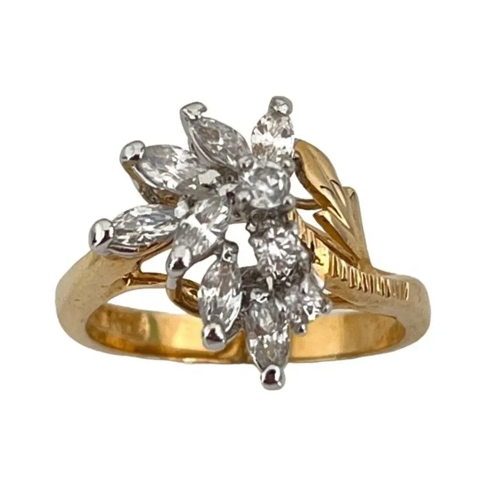 Vintage 1970s Ring Size 6 CZ Floral Spray 14KT Gold Plate - 14Q